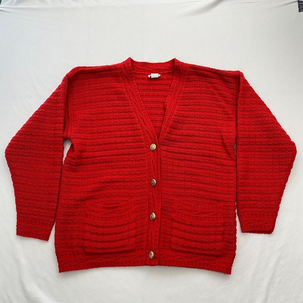 Cuddle Knit Oversized Cardigan Sweater Womens Medium Red Boxy Knit Grandma VTG